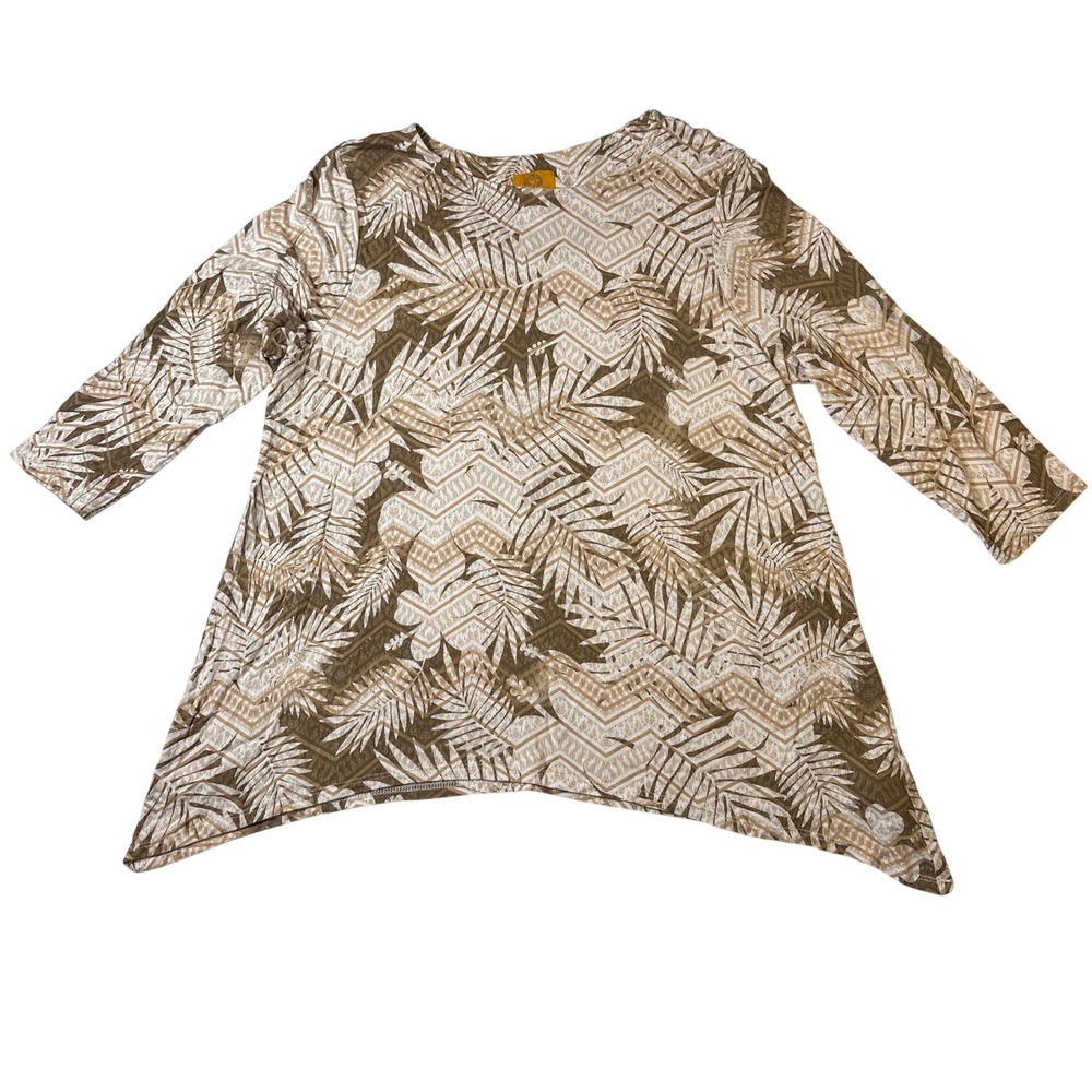 Ruby Red Rd Petite Medium Brown Tropical Palm Chevron Sharkbite Tunic‎ Top PM